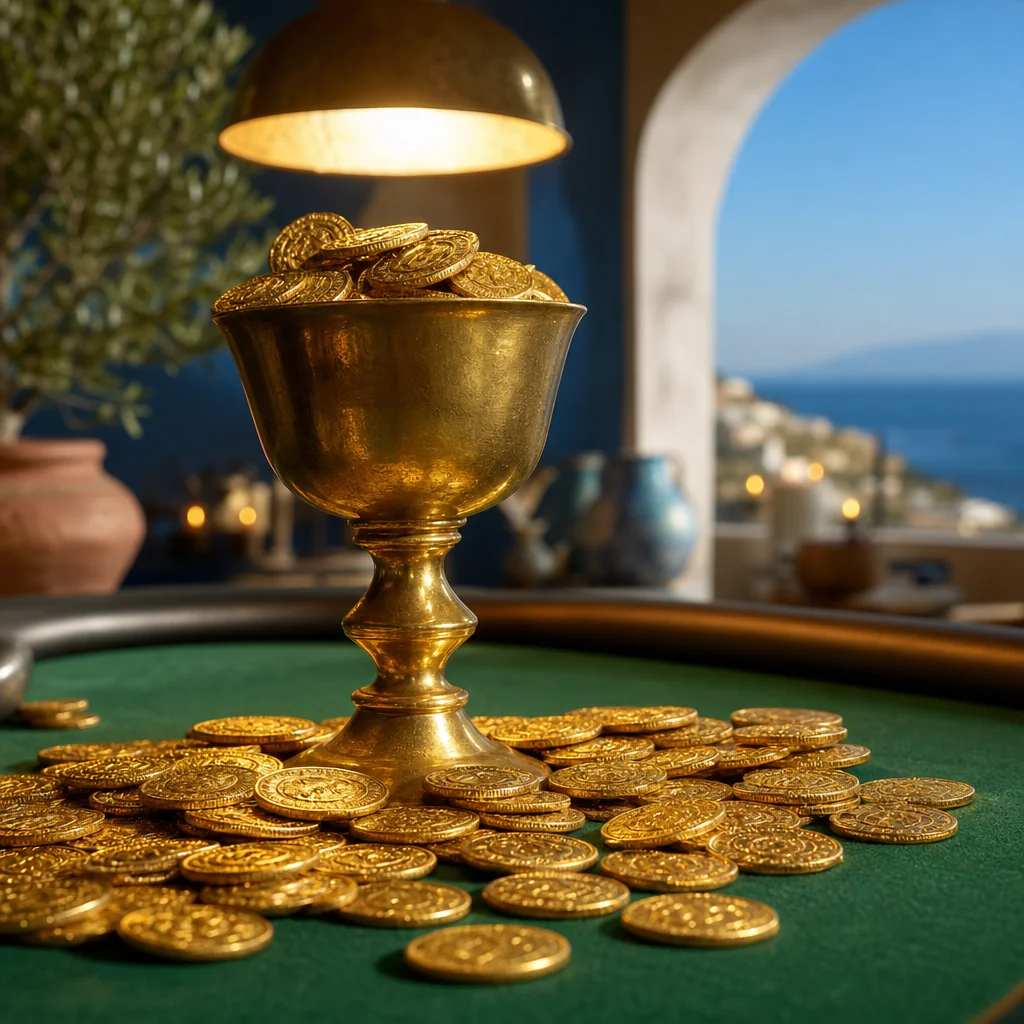 Golden coins cascading over Mediterranean marble surface